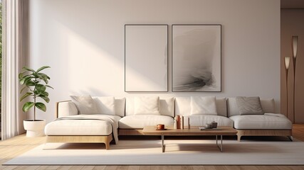 A minimalistic living room with design furniture, sofa, bookshelf, contemporary, decoration, comfortable, huge wall art