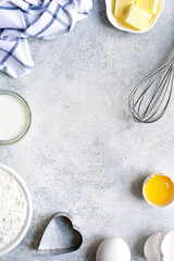 Culinary background with ingredients for baking . Top view with copy space.