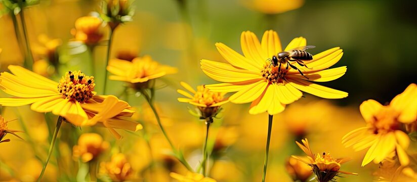 In the height of summer, amidst the vibrant colors of nature, a delicate yellow flower bloomed, attracting the attention of an inquisitive insect, captivated by its beautiful petals during a closeup