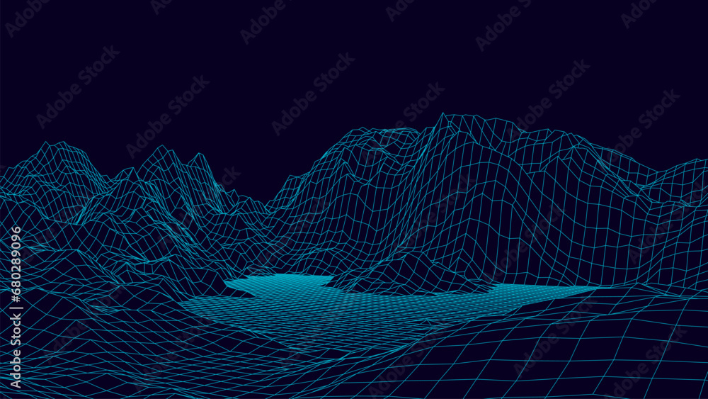 Poster futuristic digital neon landscape background. abstract retro mountains texture. big data visualizati