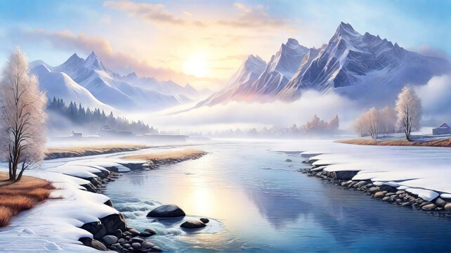 Winter landscape with a river on the background of snow-capped mountains during sunrise in pastel colors
