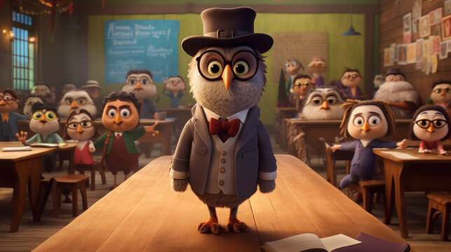 A refined owl professor in a classic suit and top hat stands before his class, his gaze conveying the seriousness and importance of education.
