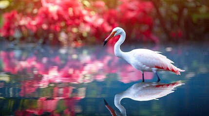 serene landscape of the tropical park, a white bird with vibrant, colorful feathers gracefully swoops down to a shimmering blue pond, surrounded by the beauty of natures reflection water, creating a