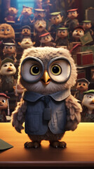 Animated owl with spectacles in a classroom, exuding curiosity and a thirst for knowledge.