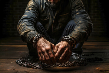 A man prisoner with chained Hands: The Symbol of Captivity and Restriction. - obrazy, fototapety, plakaty