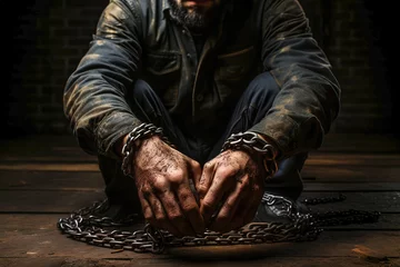 Fotobehang A man prisoner with chained Hands: The Symbol of Captivity and Restriction. © Degimages