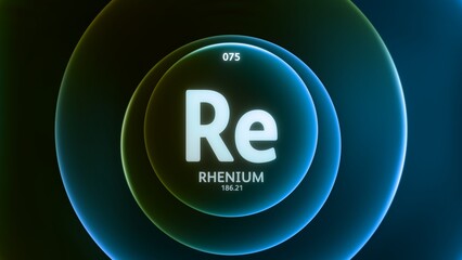 Rhenium as Element 75 of the Periodic Table. Concept illustration on abstract green blue gradient rings seamless loop background. Title design for science content and infographic showcase display.