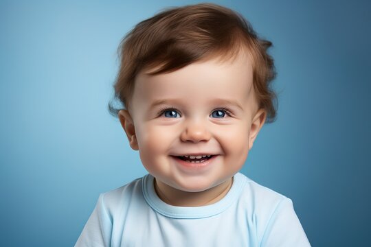 Portrait of a small smiling boy on a blue background