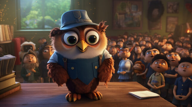 Animated owl professor lecturing to a captivated audience, symbolizing wisdom and education.