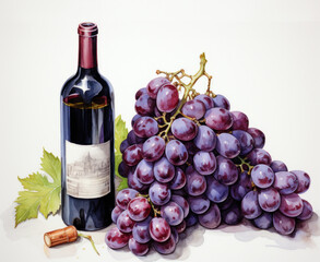 watercolor bottle of red wine and a bunch of ripe grapes on a white background.