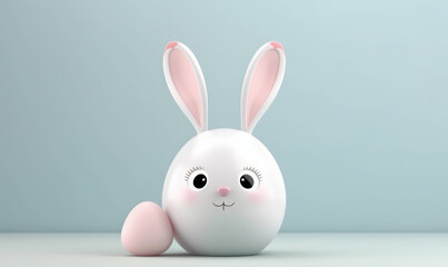 Obraz premium 3d illustration of a cute Easter bunny for children. A minimalist primitive naive figurine of a spherical shape with pink ears. 3D toy bunny banner, background. Cartoon character 3d rabbit.