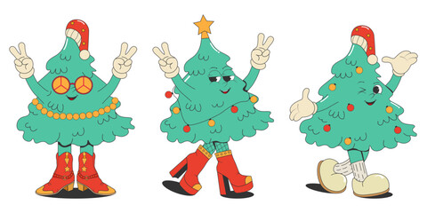 set of New Year and Christmas funny groovy Christmas trees in different poses, isolated on a white background. Design elements of a festive poster, print, invitation to a party.Vector illustration.