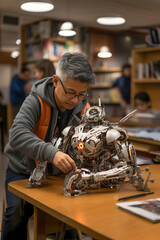 A man teacher  looking and discuss at a model of a robot.