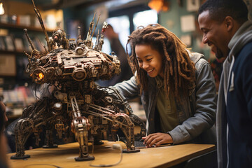 A man teacher and a young girl student looking and discuss at a model of a robot.