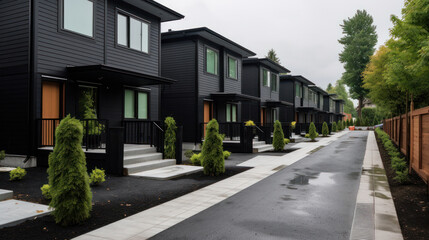 Fototapeta na wymiar Luxury new private house. Scandinavian style. Grey and wooden exterior. Contemporary black metal cladding facade