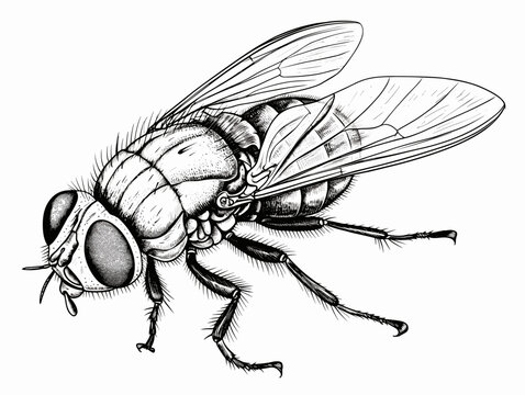 A Drawing Of A Fly - Close-up uf a fly isolated on white.