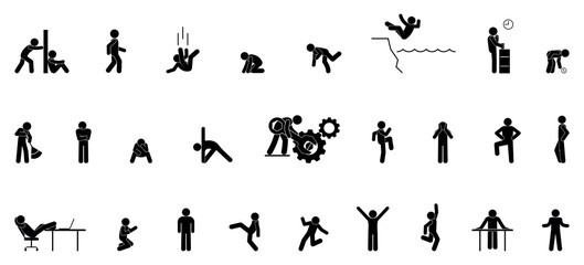 man icon, stick figure people standing, walking, set of human silhouettes