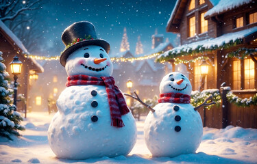 Fototapeta premium Cheerful snowmen on a snowy street