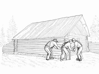 Obraz premium A Drawing Of Men Working In Front Of A Log Cabin - Construction Contractors building a new home