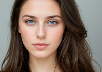 Close-up portrait of a brunette woman in a grey background