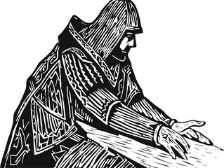 A Black And White Drawing Of A Man In A Robe - expressionist woodcut Ace playing card. - obrazy, fototapety, plakaty