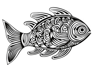 A Black And White Drawing Of A Fish - Fish bone. Doodle style. Vector.