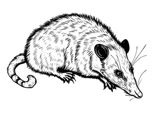 A Black And White Drawing Of A Rat - flat woodcut of a crawling white opossum rat.