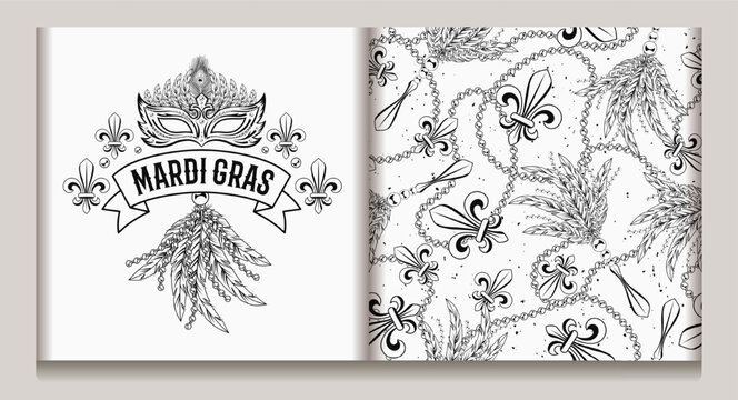 Set of label, seamless pattern for Mardi gras carnival decoration. Fleur de lis, feathers, beads on white background. For prints, clothing, t shirt, holiday goods, stuff. Vintage style