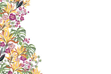 Tropical summer background banner border frame. Tropical jungle hornbill bird. Vector illustrations  © Wita Pixs
