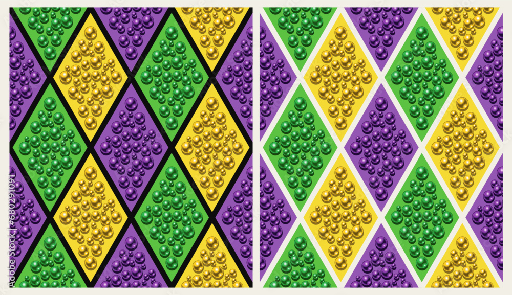 Poster set of geometric harlequin patterns with rhombus grid. mosaic with shiny glossy beads. illustration 