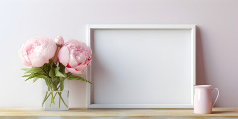 Mock up empty frames on a shelf background with pink peonies in vase