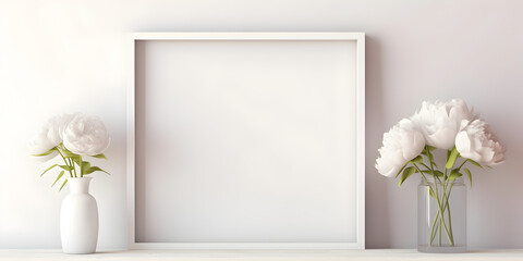 Mock up empty frames on a shelf background with white peonies in vase