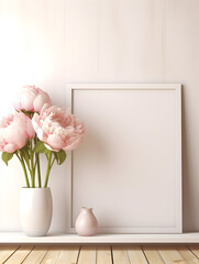 Mock up empty frames on a shelf background with pink peonies in vase