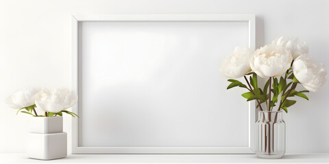 Mock up empty frames on a shelf background with white peonies in vase