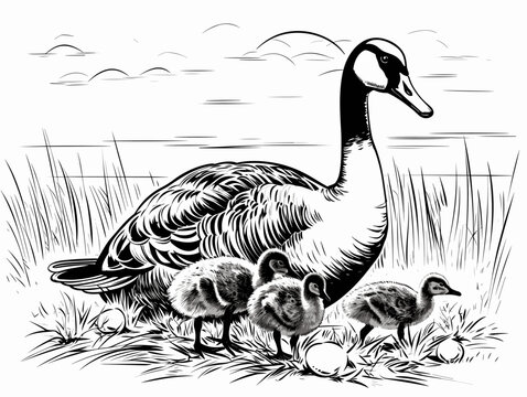 A Black And White Drawing Of A Goose And Its Ducklings - Goose with goslings and eggs on green grass.