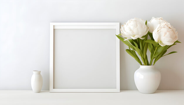 Mock up empty frames on a shelf background with white peonies in vase