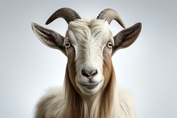 Close-up portrait of a white goat with horns