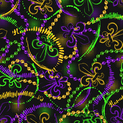 Mardi Gras neon fluorescent pattern with outline Fleur de Lis sign, strings of beads, paint smudge, paint brush strokes, halftone shapes. Grunge texture