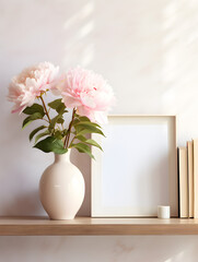Mock up shelf background with pink peonies in vase, product presentation concept 
