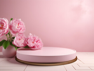 Obraz na płótnie Canvas Floral pink peonies mock up background with a podium pedestal for products