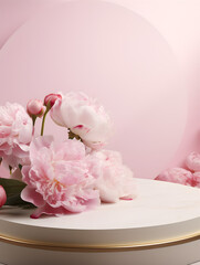 Floral pink peonies mock up background with a podium pedestal for products