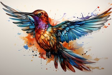 Hummingbird drawn with multicolored watercolor - obrazy, fototapety, plakaty