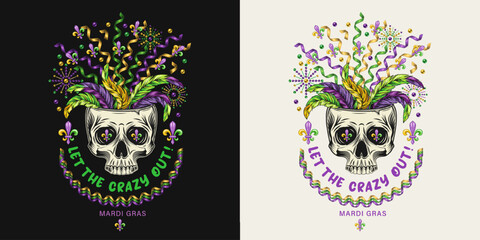 Carnival funny Mardi Gras label with half human skull, feathers, flying apart party streamers, confetti, text Let the Crazy out. For prints, clothing, t shirt, surface design. Vintage style - obrazy, fototapety, plakaty