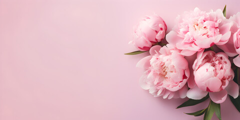 Pink peonies on pink background with copy space for text