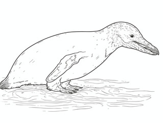 A Black And White Drawing Of A Penguin - Humboldt penguin underwater with a fish.
