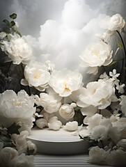 Floral peonies mock up background with white podium pedestal for products
