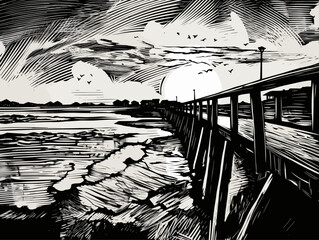 A Black And White Drawing Of A Pier - ink stamp based on a painting of Caloundra.