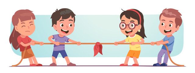 Kids playing tug of war game. Happy girls, boys friends teams pulling rope competition. Children leisure entertainment, fun, teamwork, sports activity. Flat vector kid character illustration - obrazy, fototapety, plakaty