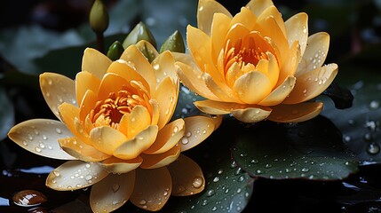 Yellow lotus flower with water drops on black background, closeup. Lily flowers blooming on pond. Yoga Concept. Springtime concept with copy space.