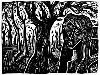 A Woodcut Of A Woman And A Tree - Jude expressionist woodcut. - obrazy, fototapety, plakaty